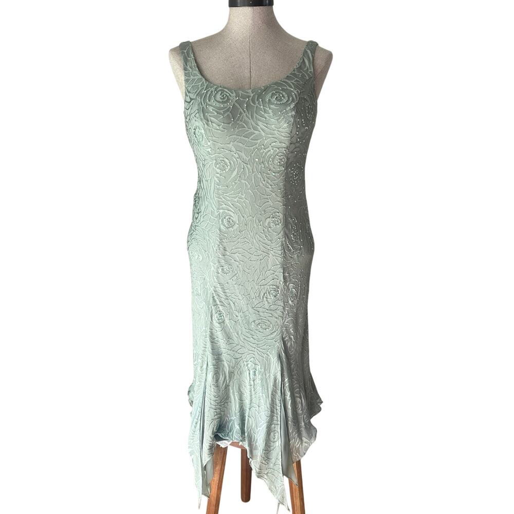 Sage Green Silk Beaded Midi Dress Petite 4P Alex Evenings Fairycore Wedding